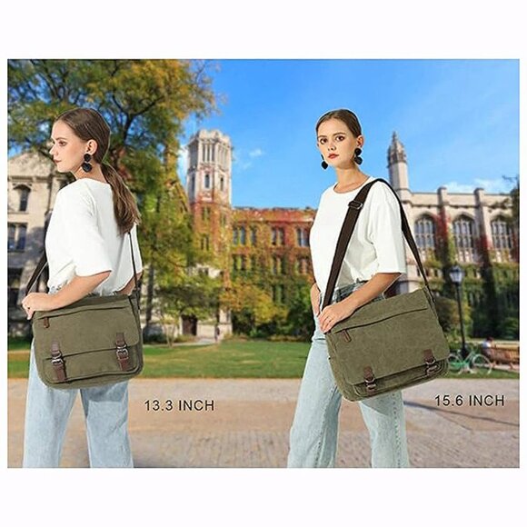 Messenger Bag for Men Retro, Canvas Satchel casual Briefcases Green15 - Picture 6 of 9